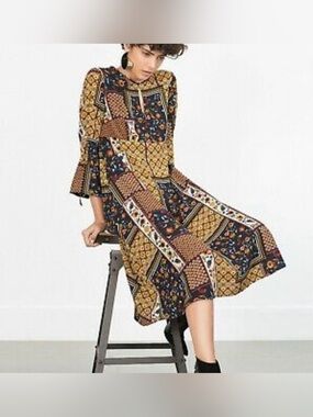 Zara Patchwork Floral Midi Dress in Mustard and Navy